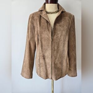 PRESTON & YORK 100% Suede Leathe4 Zip-Front Jacket in Taupe. Size Large